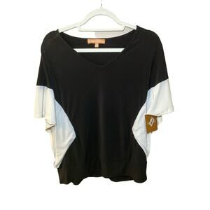 Ellen Tracy Dolman Top Women's M Black Short Sleeve V-Neck Pullover Ribbed Hem‎